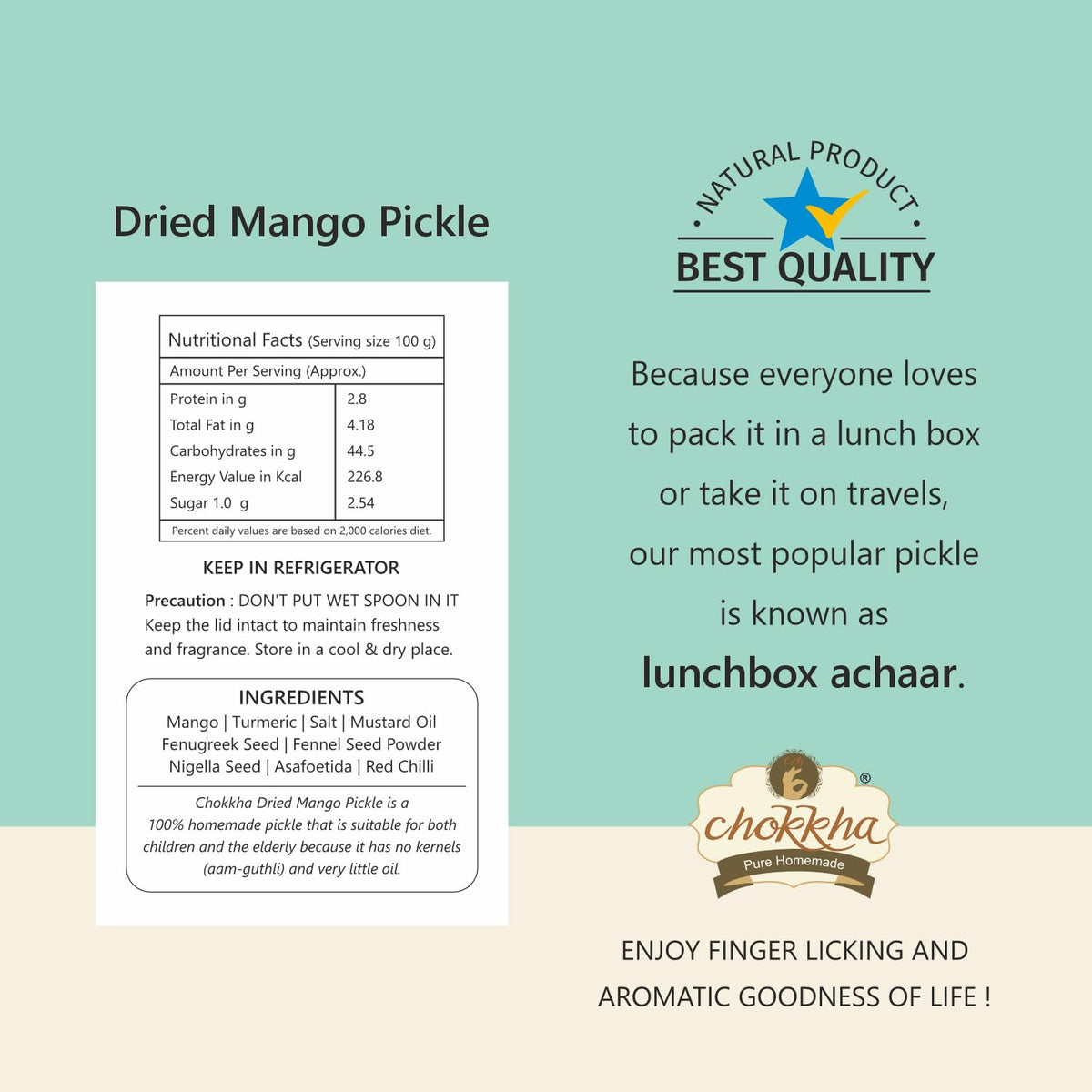 Chokkha Traditional Homemade Dried Mango Pickle (Aam) | Sukha Aam ka Achar | Authentic Indian Taste | Traditional Family Recipe | No Vinegar, Additives or Preservatives | Sundried and Freshly Grounded Spices | Seedless (No Guthli) | 400 Gm