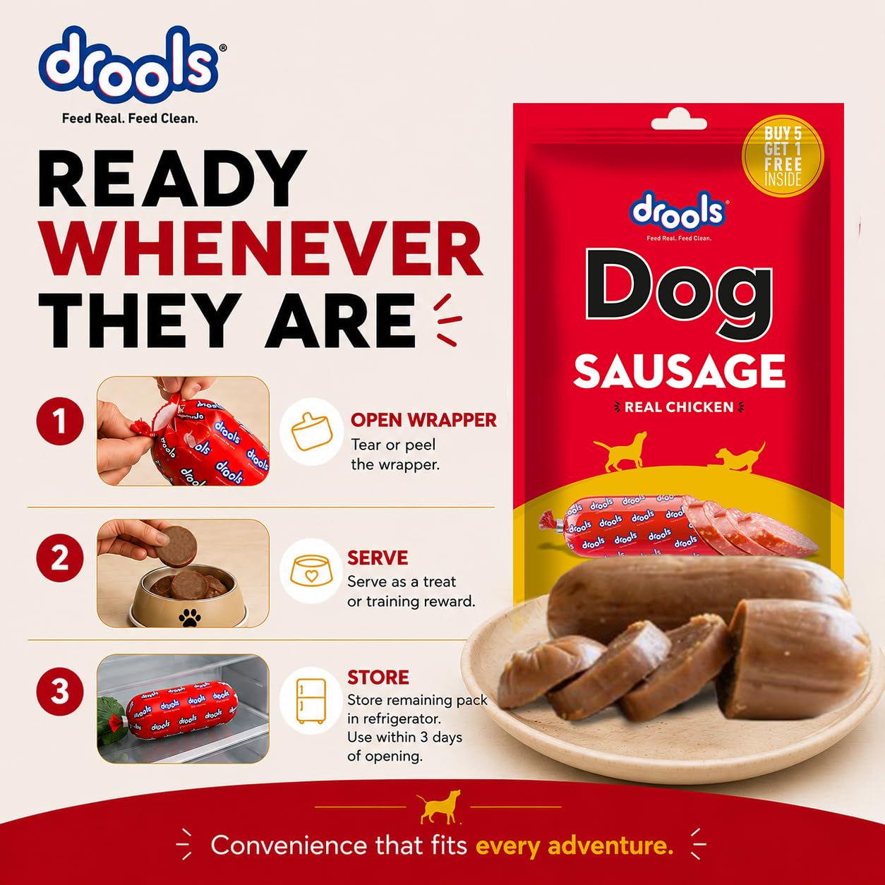 Drools Puppy & Adult Dog Sausage 360g (5+1 Free) | Chicken Flavour | Supports Brain & Vision Development | Promotes Muscle Growth | Aids Digestion & Overall Wellness
