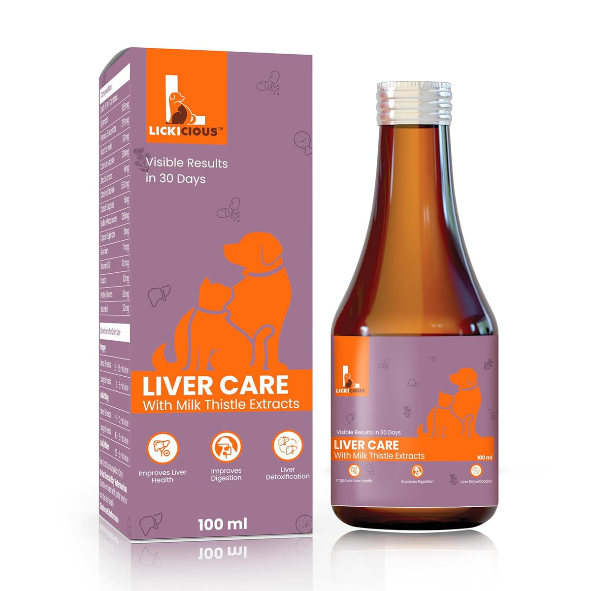 LICKICIOUS Liver Care Syrup for Dogs & Cats 100ml | with Milk Thistle (Silymarin) & Inositol | Supports Liver Health, Detoxification, Digestion & Appetite | Chicken Flavour Supplement/Tonic for Pets