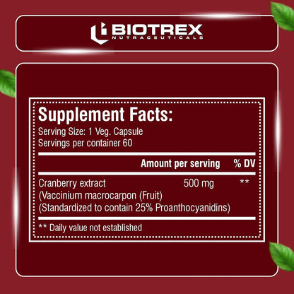 Biotrex Nutraceuticals Cranberry 500mg - for Urinary Tract Health, UTI Health Supplement | 60 Capsules