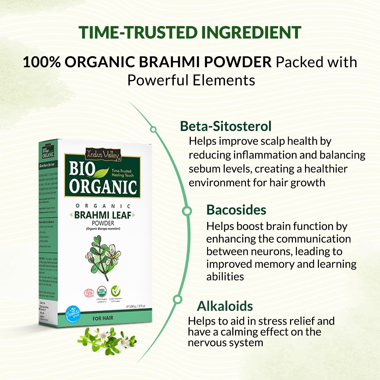 Bio Organic Brahmi Leaf Powder packaging with health benefits text on a light green background