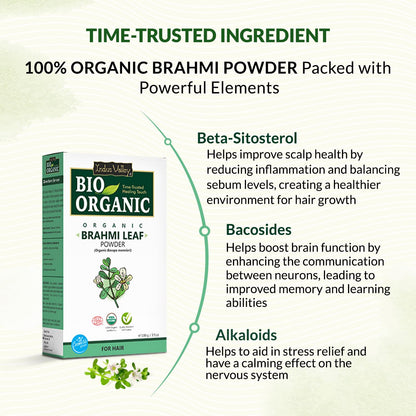 Bio Organic Brahmi Leaf Powder packaging with health benefits text on a light green background