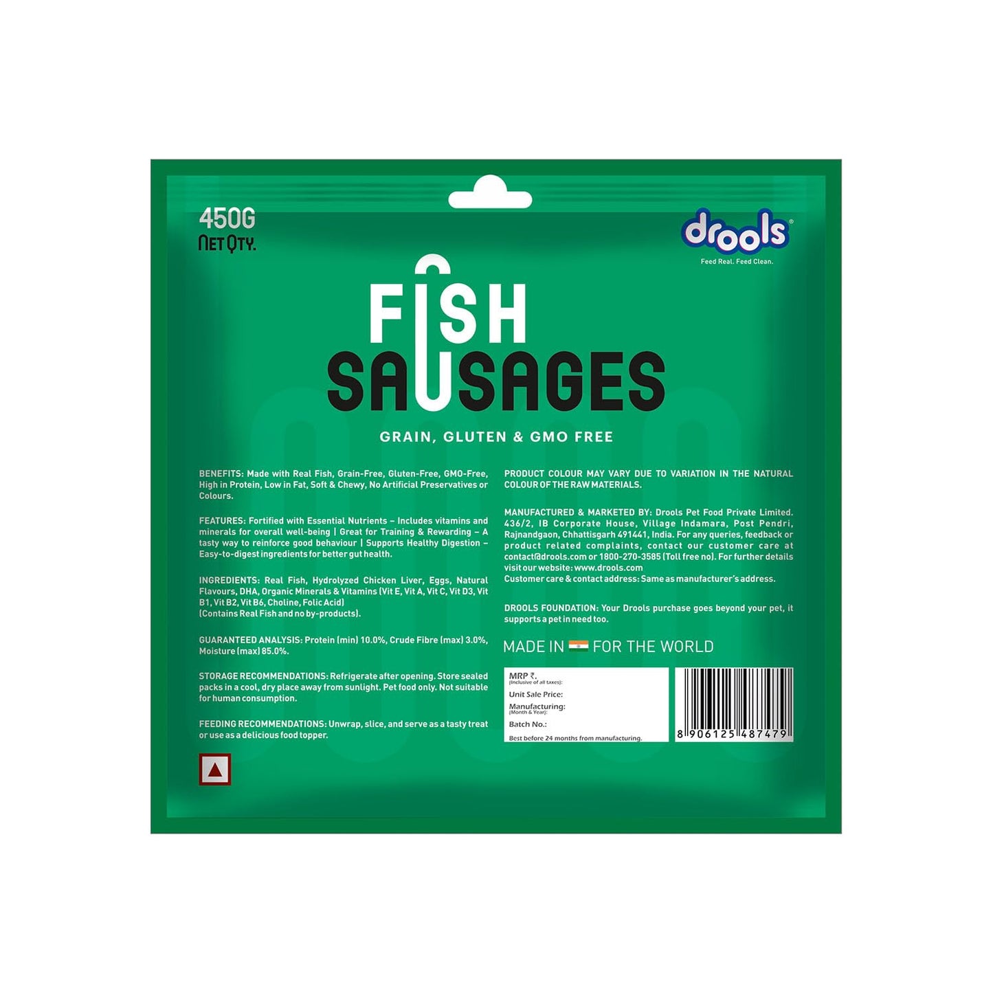 Drools Adult & Puppy Sausage for Dog, 450g | Real Fish Flavour | High Protein | Treat & Food Topper | Grain Free | Best for Training & Bonding | No Preservatives