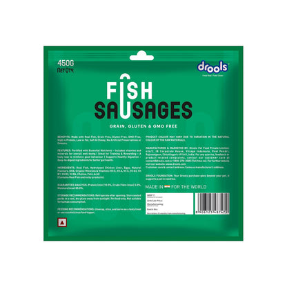 Drools Adult & Puppy Sausage for Dog, 450g | Real Fish Flavour | High Protein | Treat & Food Topper | Grain Free | Best for Training & Bonding | No Preservatives