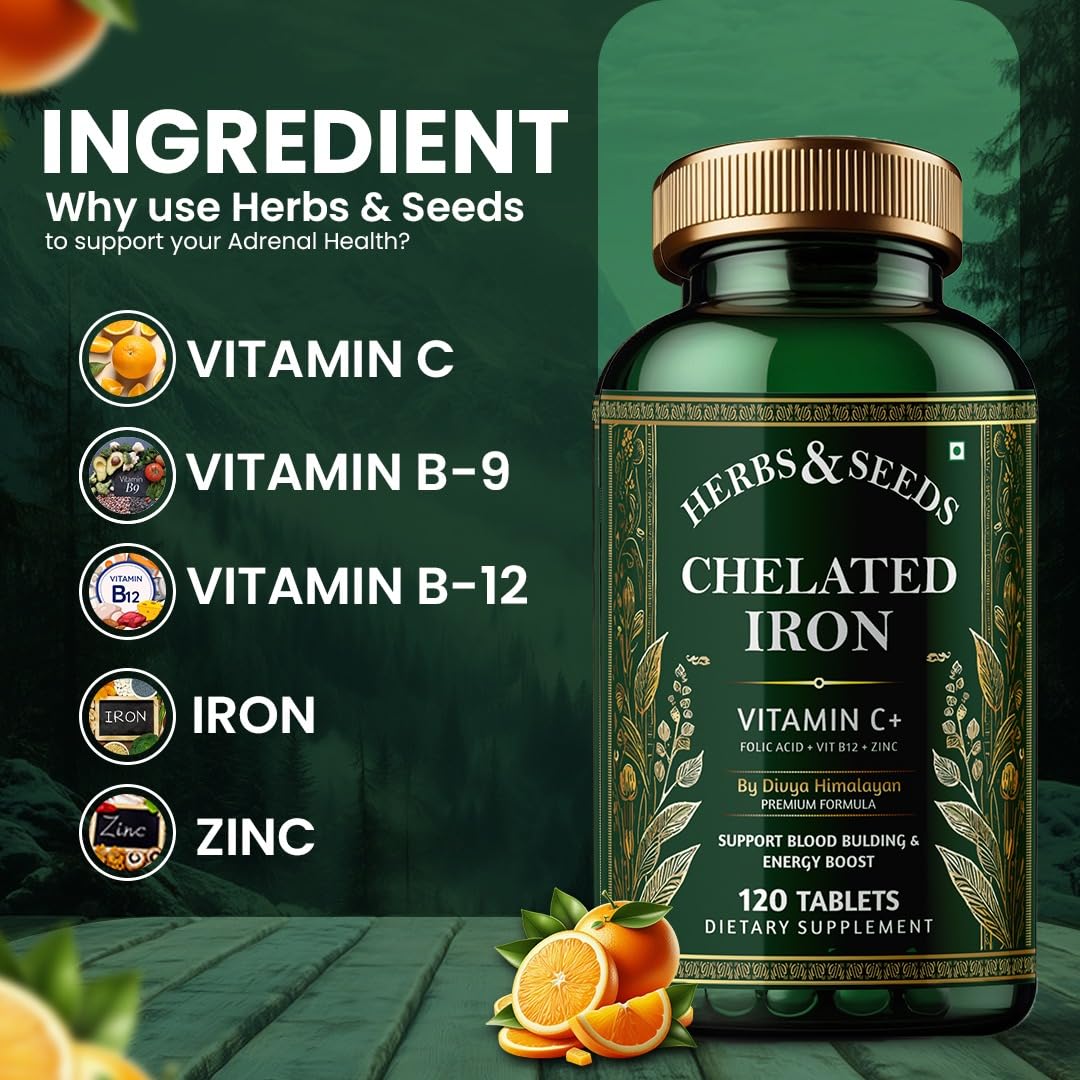 Herbs & Seeds chelated iron supplement bottle with vitamins listed on a green background