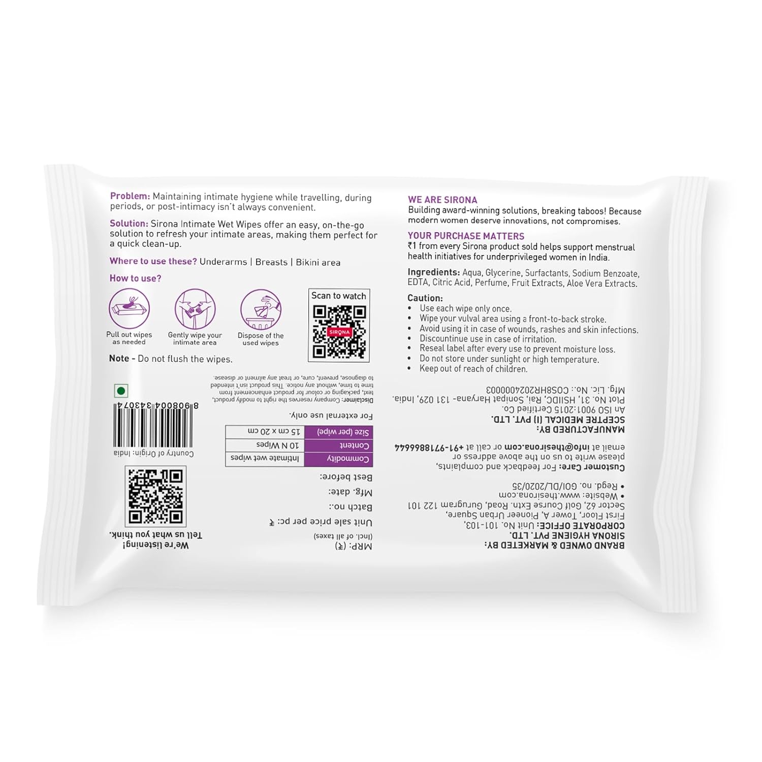 Sirona intimate wet wipes packaging with text and icons on a white background