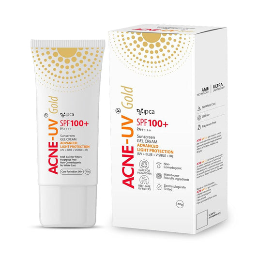 Ipca ACNE-UV GOLD Sunscreen SPF 100+ PA++++ | 30g Oil Free, Non Comedogenic Silicone Gel Sunscreen | UVA/UVB Protection | Water Resistant | No White Cast | Suitable for All Skin Types