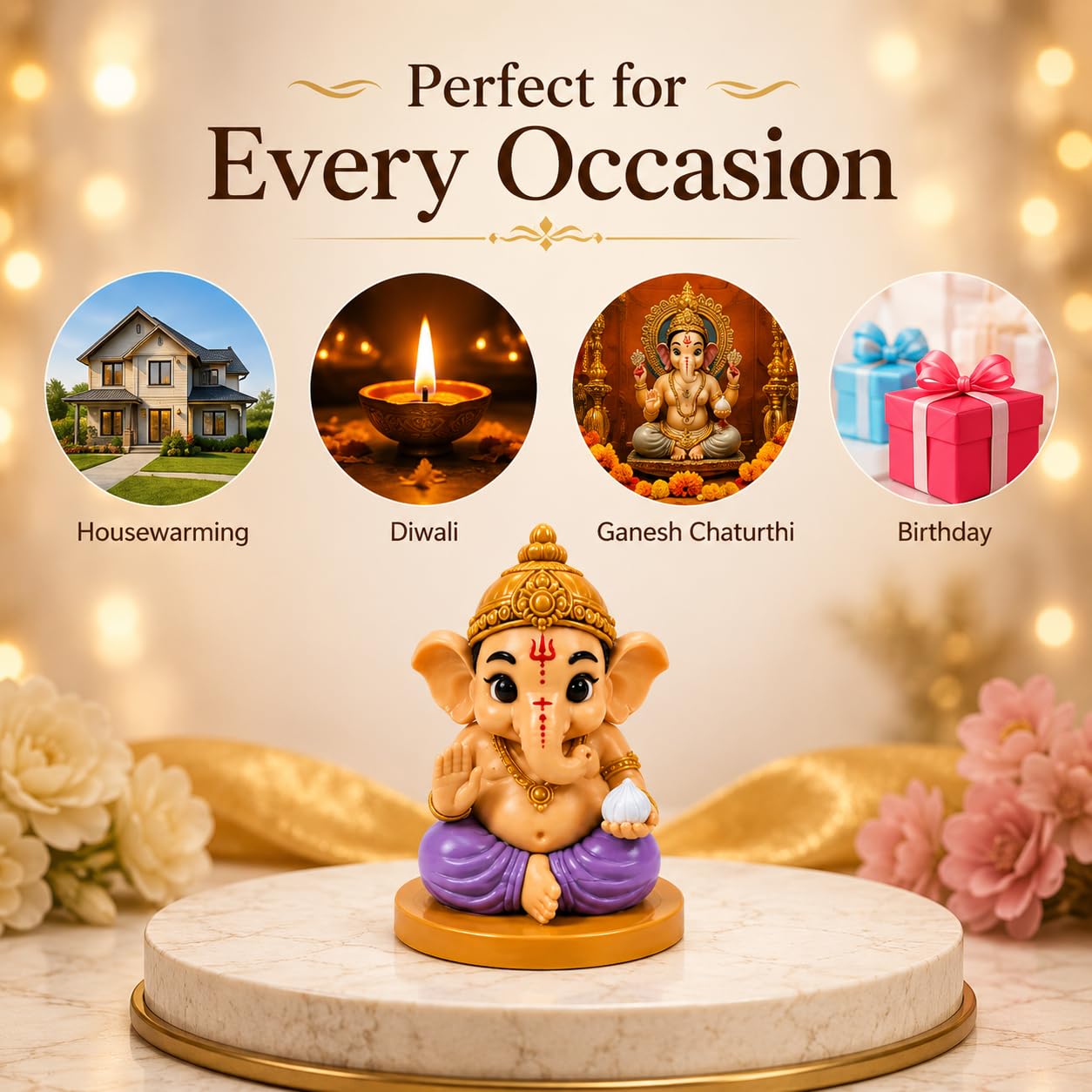 VASPAR Cute Baby Ganesha Idol for Car Dashboard | Premium Lord Ganesh Murti | Mini Ganpati Statue for Home Decor, Office Desk & Pooja Room | Spiritual Gift | Lavender
