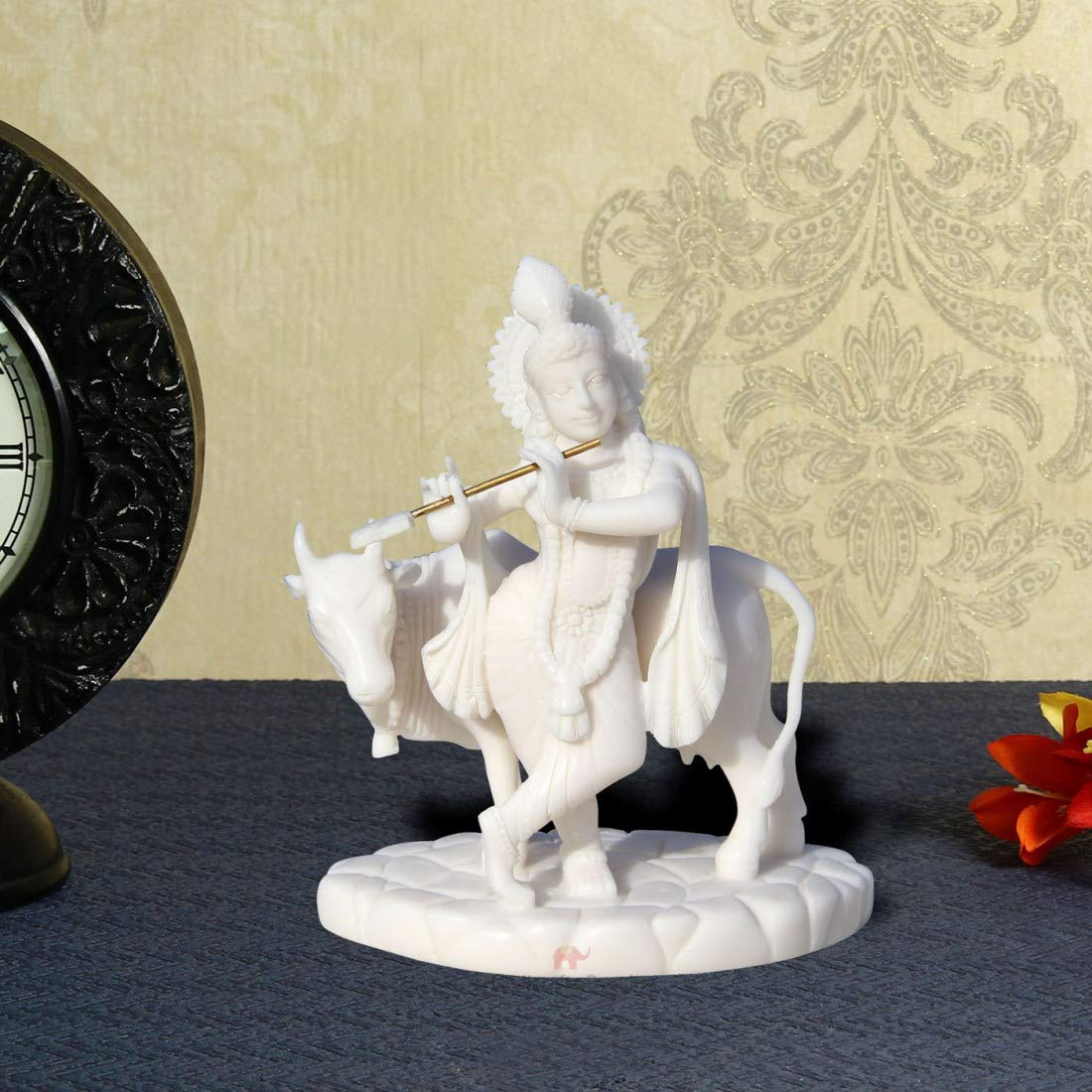 Handicrafts Paradise Carved in Resin Krishna with Cow - 5.5 Inch