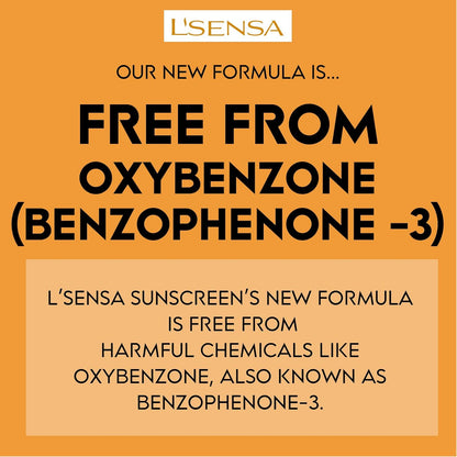 L'Sensa sunscreen advertisement highlighting a new formula free from oxybenzone and benzophenone-3 on an orange background.