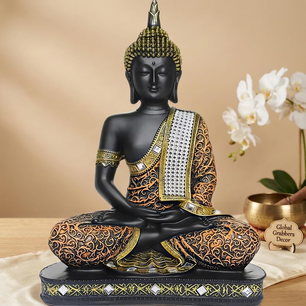 Global Grabbers new Limited Edition 25 Centimetre Meditating Sitting Buddha Idol Statue showpiece Home Decor Decoration Items for Living Room and Gifts (1, Orange Black)