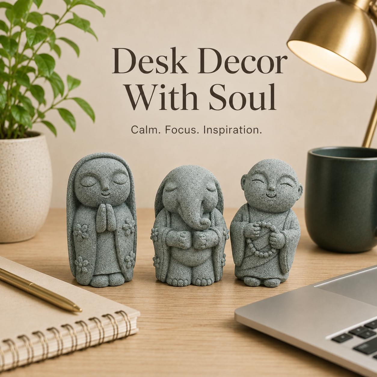 Street27 3Pcs Zen Monk Statue Set, Mini Sandstone Buddha Monk Figurines for Home, Office Desk, Aquarium, Car Dashboard, Meditation Room & Table Decor, Grey