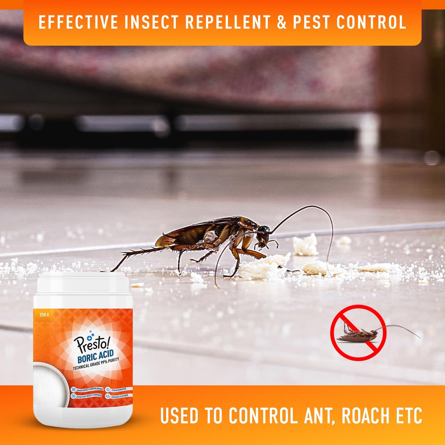 Presto! Boric Acid Powder | 250 Gram | Technical Grade 99% Pure | Multipurpose Use for Pest Control, Cleaning, & Carrom Board