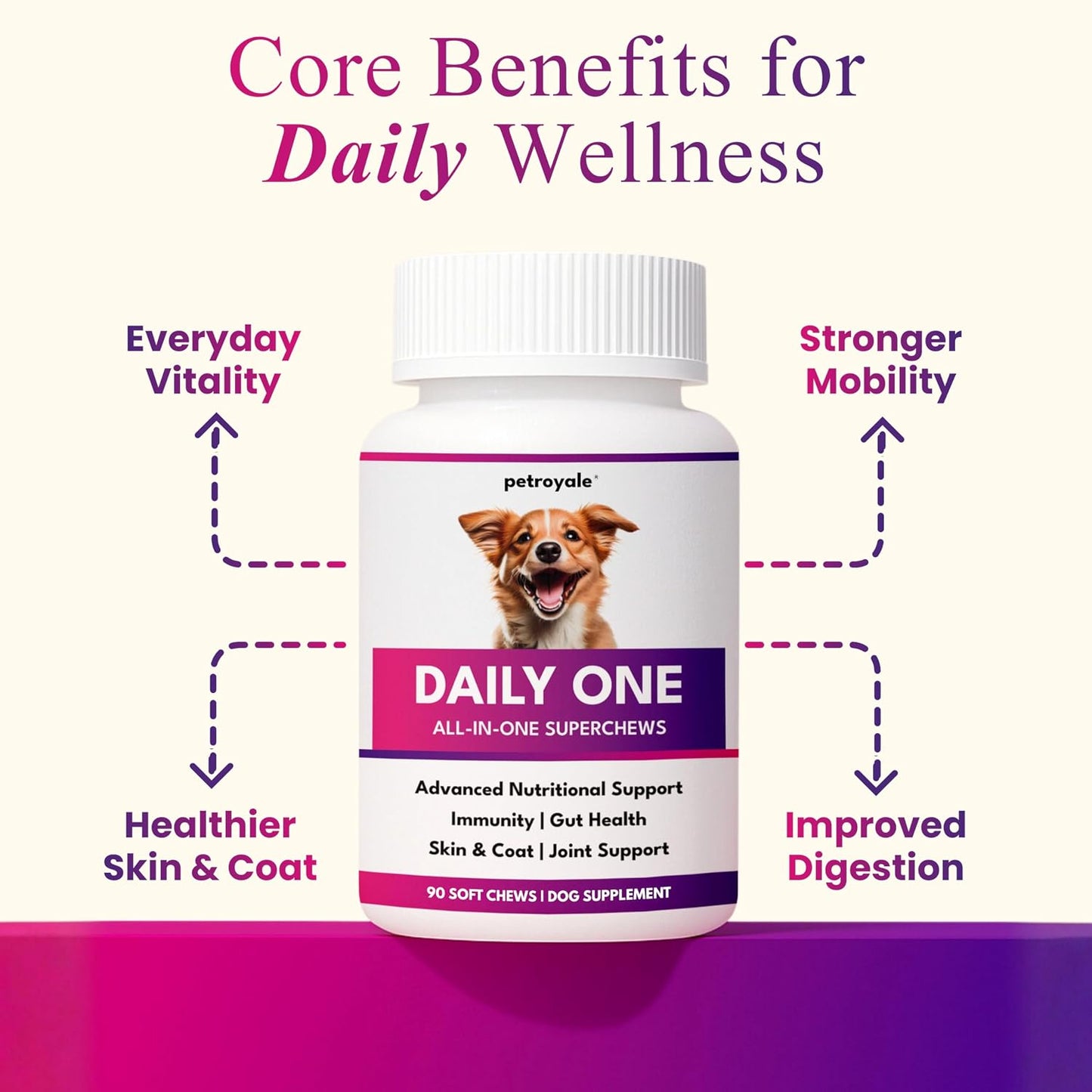 Petroyale Daily One, All-in-One Supplement for Dogs – 25 in 1, Dog Multivitamin, Probiotics, Omega 369, Hip & Joint, Skin & Coat, Gut Health – Soft Chew Dog Everyday Supplement for Dogs (90 Chews)