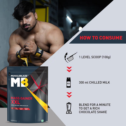 MuscleBlaze Mass Gainer XXL (Chocolate, 1kg / 2.2lbs, 10 Servings) | With Complex Carbs, High Protein & Digestive Enzymes