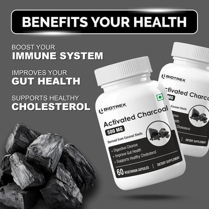 Biotrex Nutraceuticals Activated Charcoal 500mg | Sourced From Coconut Shells | Gas & Bloating Relief | Supports Digestive Health & Gut Detox | 100% Natural | 60 Veg Capsules