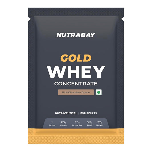 Nutrabay Gold Whey Protein Concentrate Powder 25g Protein, 5.3g BCAA – Easy to Digest, NABL Lab Tested – Muscle Growth & Recovery – 35g, Rich Chocolate Creme | Trustified Certified 100% Authentic