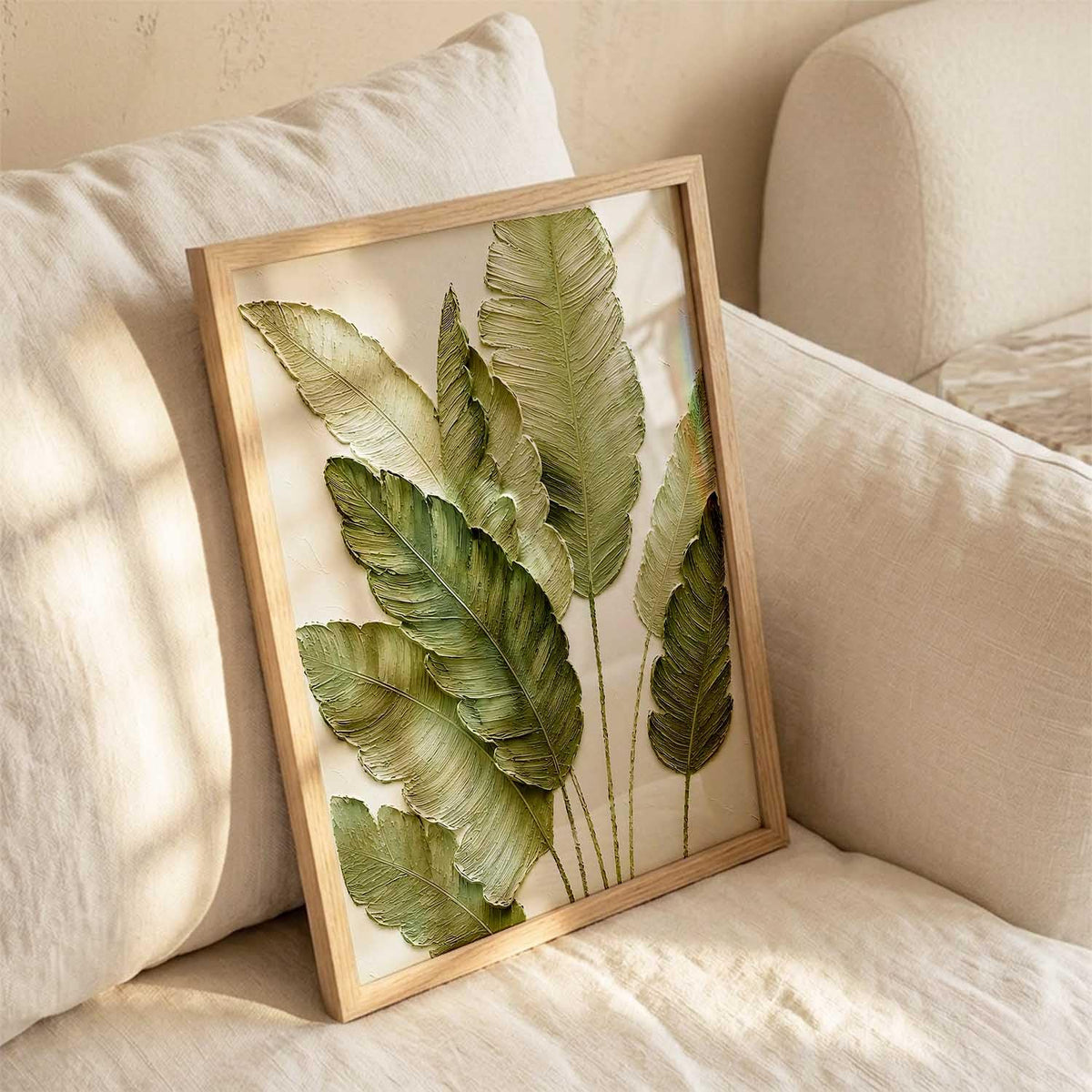 Green Leaf Aesthetic Modern Art Wall Painting | Home Decoration Floral Painting With Frame For Living Room Bedroom Wall Decor | Textured Digital Reprint Set of 1 Size (13X17 INCH)