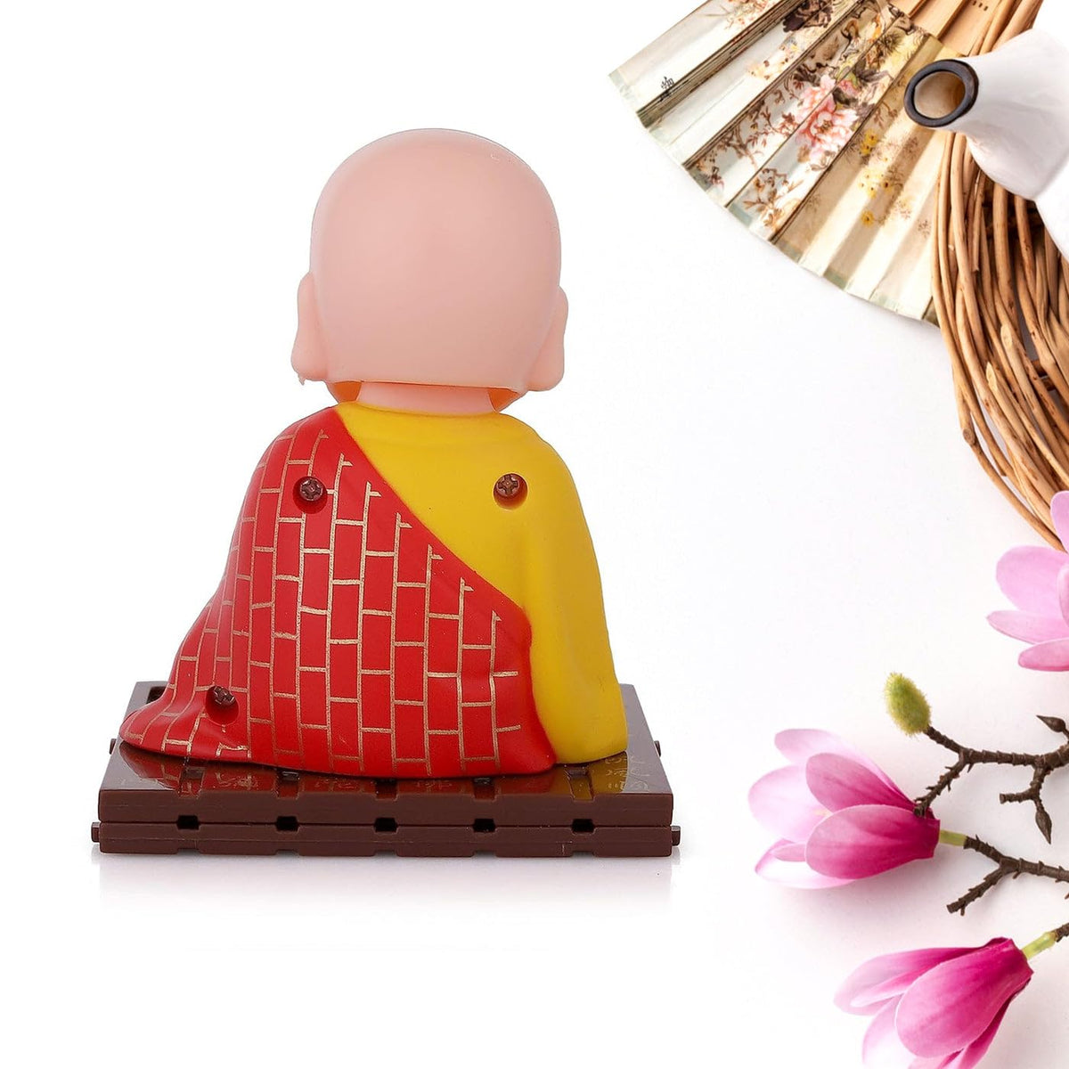 Medium Solar Powered Sitting Buddha Statue - Shaking Head Buddha Monk Statue for Car Dashboard, Home & Office Health Wealth & Prosperity, Peaceful Meditation Ornament (1Pc-Red)
