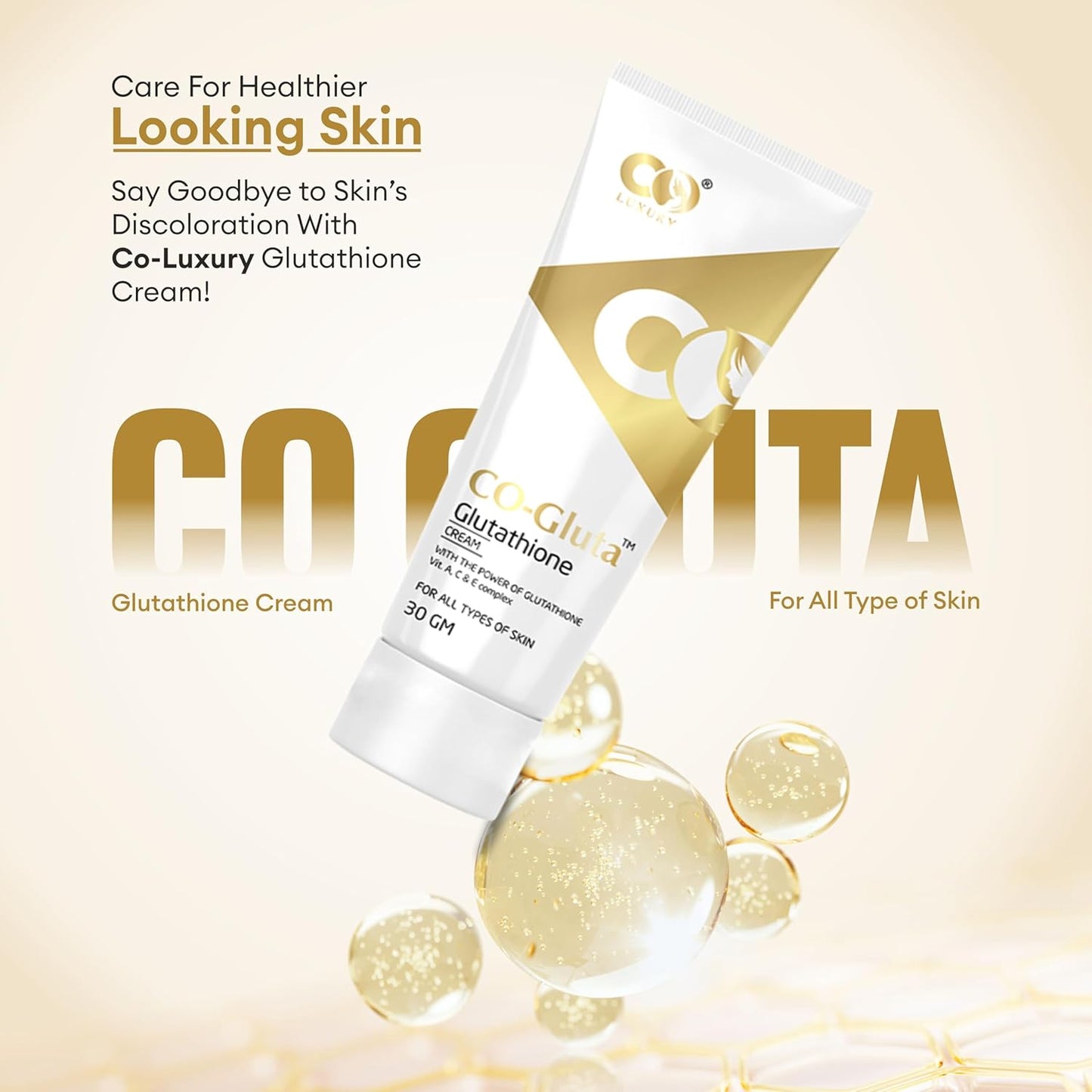CO LUXURY Glutathione Skin Cream with Kojic Acid & Vitamin C | Reduce Dark spots & Hyperpigmentation | Glutathione Cream for Men & Women, 30gm