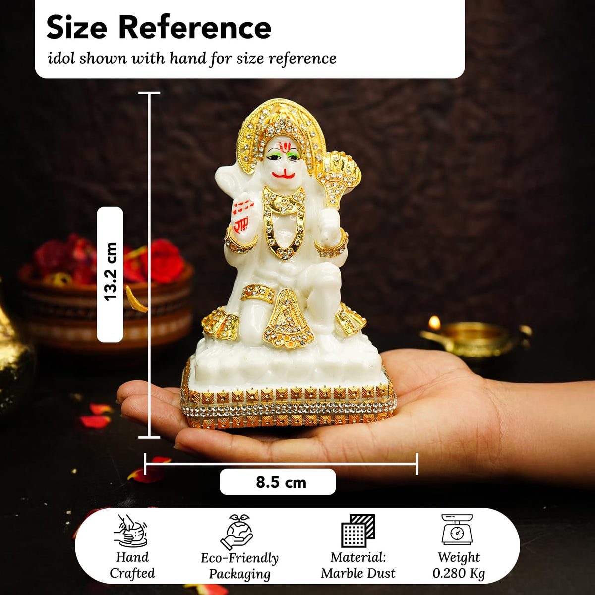 Marble Dust Hanuman Ji Murti for Home Puja (5 inch) | Jewellery Embellished Lord Hanuman Idol for Home Decor | Resin Bajrangbali Murti for Puja Room | Bahubali Hanuman Idol with Gada for Gift
