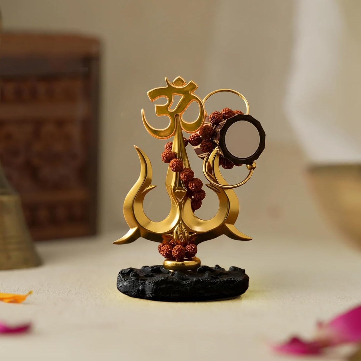 TIED RIBBONS Lord Shiva Trishul with Om & Damru Decorative Idol (Resin, 4.5 Inch) | Rudraksha Beads | Spiritual Home Temple & Office Desk Decor | Gold Finish Car Dashboard Showpiece