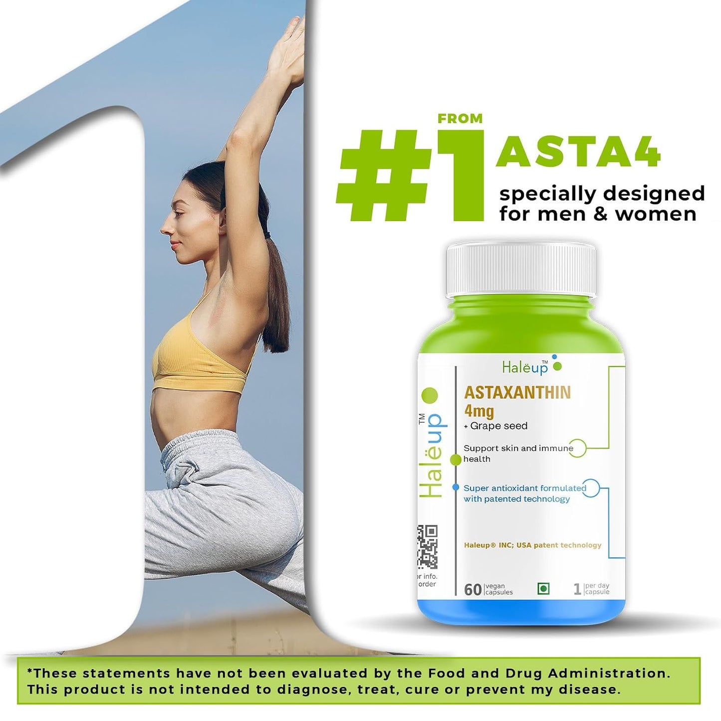 Haleup Plant Based Astaxanthin 4 mg with Grape Seed Supplement I 60 Veg Capsules I Supports Eye, Joint & Skin Health I Boosts Immune System