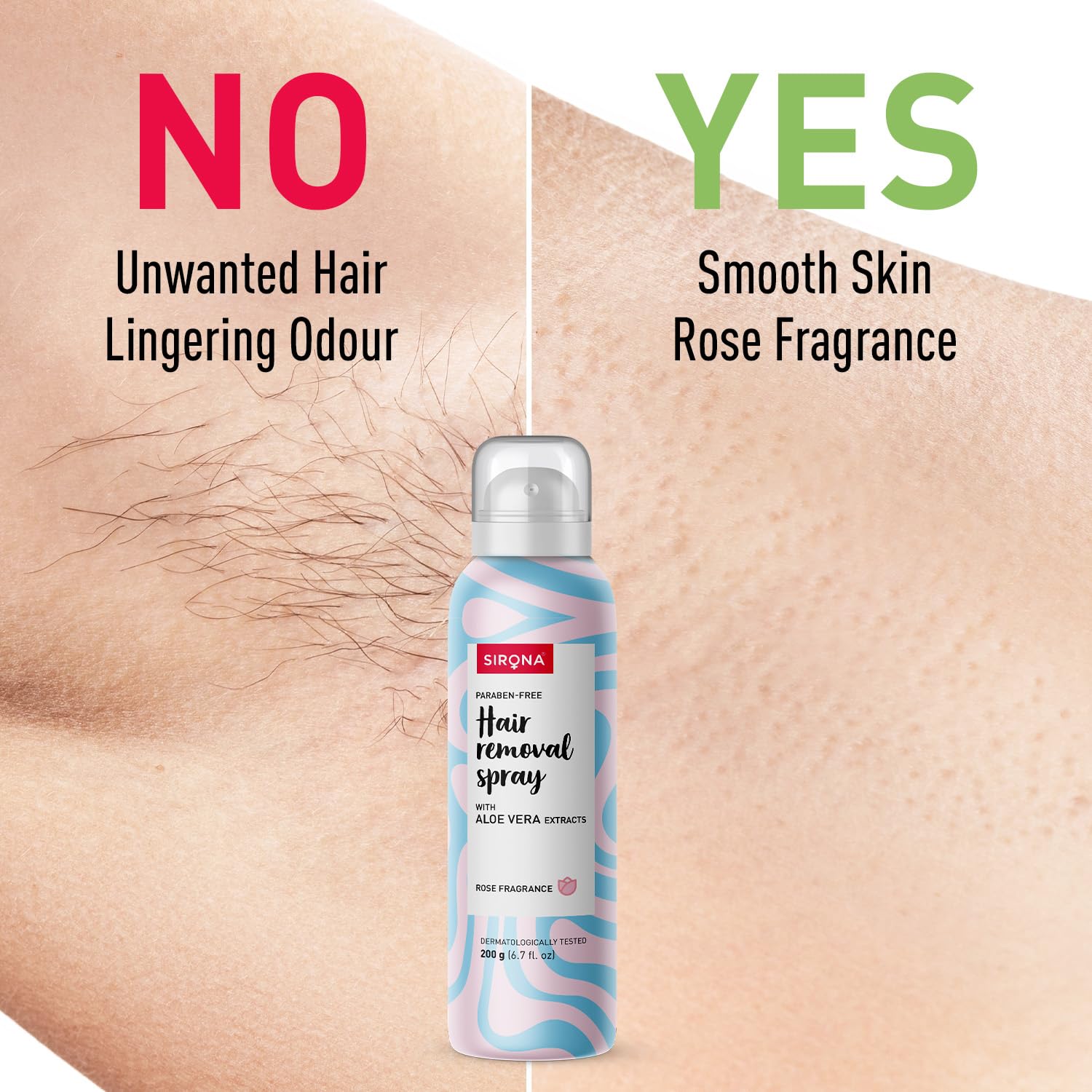 Birona hair removal spray bottle with 'No' and 'Yes' text on skin with and without hair, respectively.