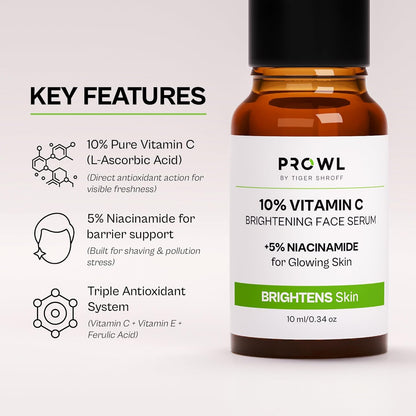 PROWL by Tiger Shroff 10% Vitamin C Serum for Daily Glowing Skin | Reduces Dark Spots & Evens Skin Tone for Men | Face Brightening Serums for All Sensitive Dry Oily Combination Skin Care | 10ml