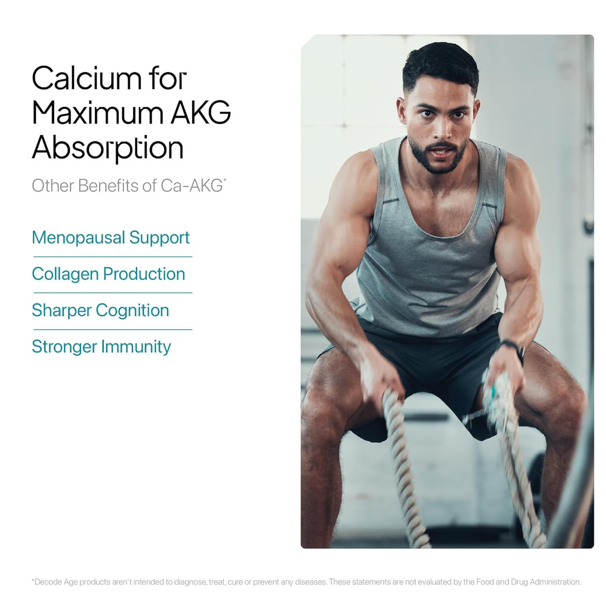 Man exercising with ropes on a white background with text about calcium benefits.