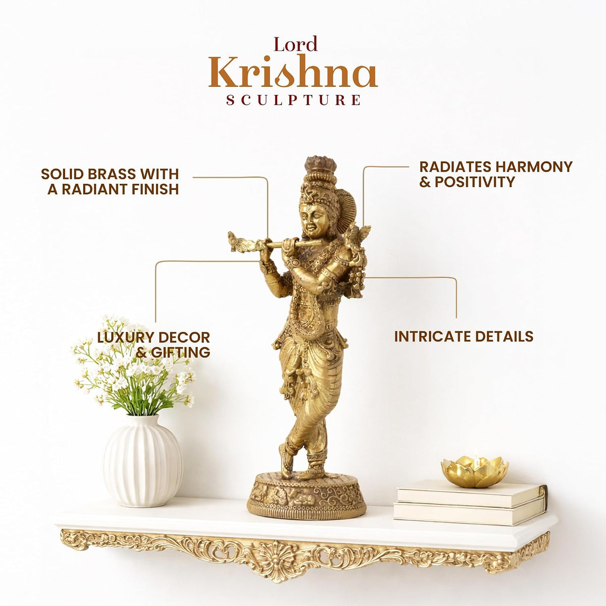 Handcrafted Brass Krishna Murti | Divine Flute-Playing Lord Krishna Idol for Home Temple & Spiritual Decor (Design03: L6 x W4 x H13 cm)