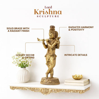 Handcrafted Brass Krishna Murti | Divine Flute-Playing Lord Krishna Idol for Home Temple & Spiritual Decor (Design03: L6 x W4 x H13 cm)