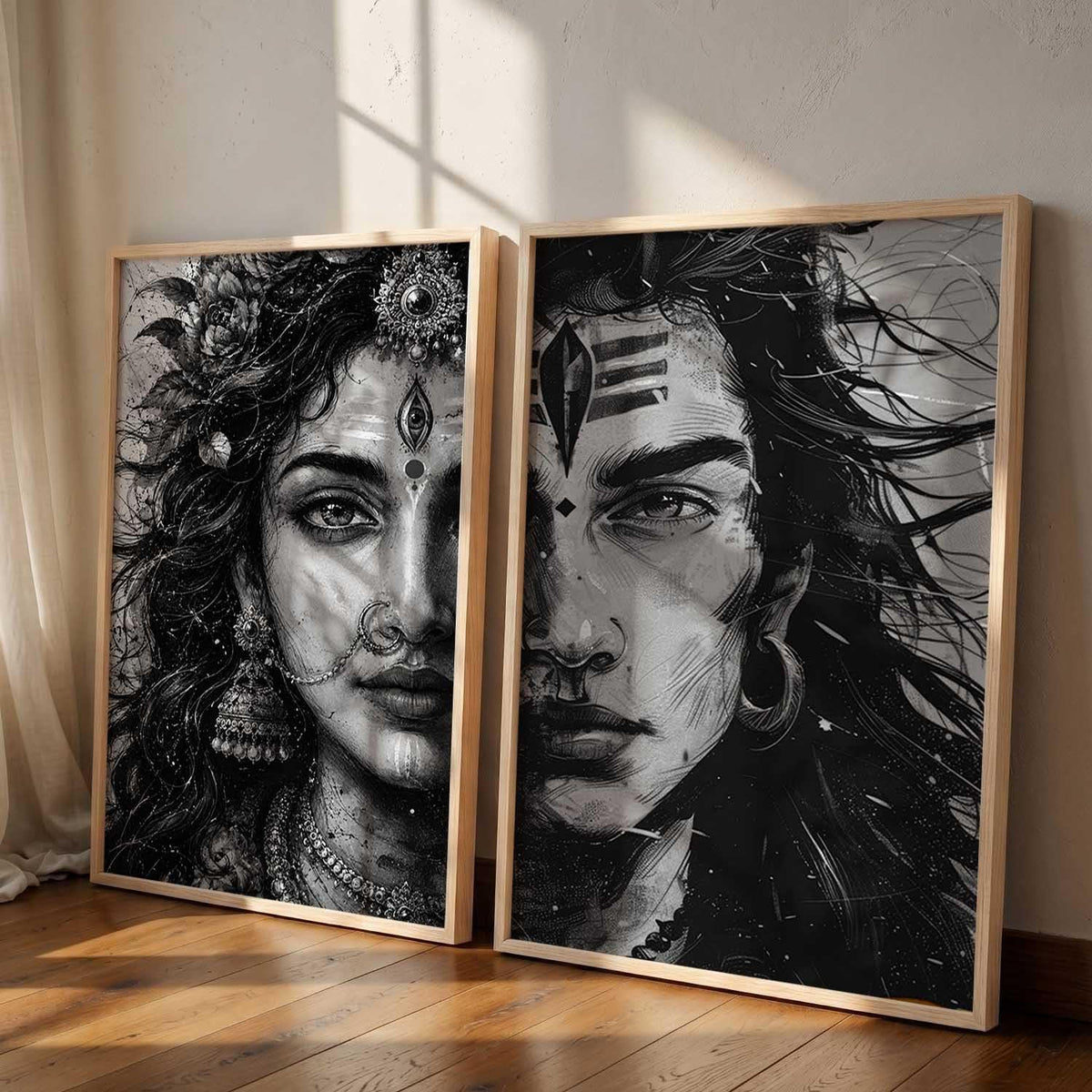 Set of 2 Framed Wall Art Prints, Premium HD Modern Wall Decor for Living Room, Bedroom, Office & Home, Abstract, Spiritual, Floral, Nature, Botanical & Boho Artwork, Ready to Hang (Shiv parwati 2, 13X19, Brown)