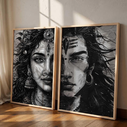 Set of 2 Framed Wall Art Prints, Premium HD Modern Wall Decor for Living Room, Bedroom, Office & Home, Abstract, Spiritual, Floral, Nature, Botanical & Boho Artwork, Ready to Hang (Shiv parwati 2, 13X19, Brown)