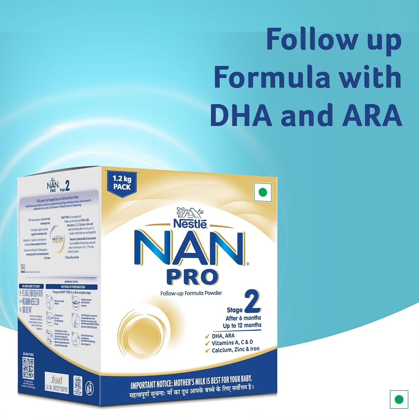 Nestlé NAN PRO Stage 2, 1.2kg, Follow-Up Formula Milk Powder for Babies (After 6 Months Upto 12 Months), with DHA-ARA, 3x400g Pouch in Box