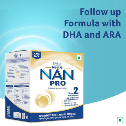 Nestlé NAN PRO Stage 2, 1.2kg, Follow-Up Formula Milk Powder for Babies (After 6 Months Upto 12 Months), with DHA-ARA, 3x400g Pouch in Box