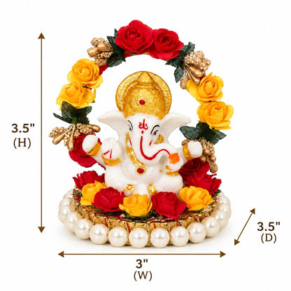 eCraftIndia Resin Lord Ganesha Idol On Decorative Rose Flower Plate| Ganesha Idol for Home Decor Car Dashboard| Ganesha Statue| Ganesh Murti| Ganpati Murti God Statue Gift for Diwali Housewarming