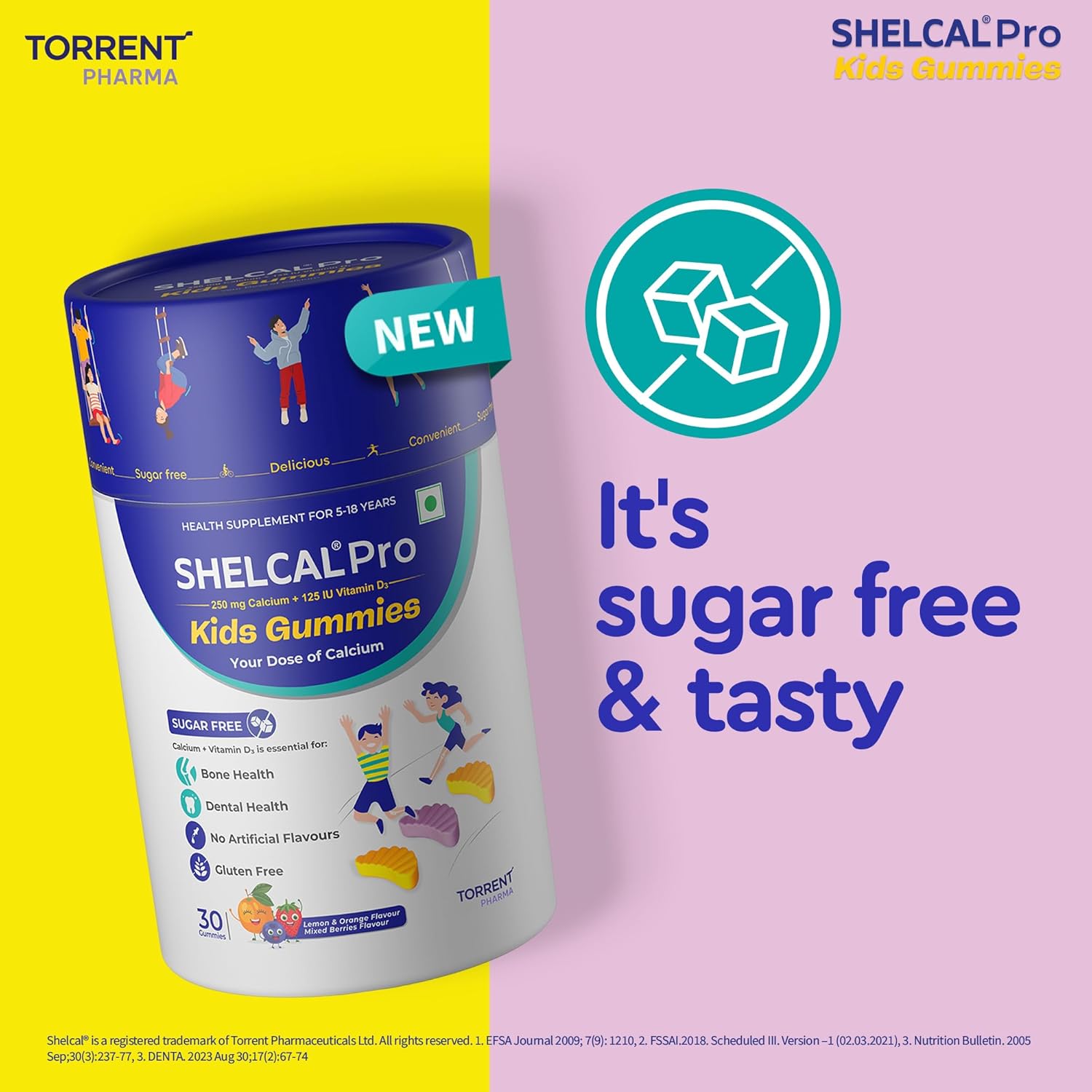 SHELCA Pro Kids Gummies packaging with Torrent Pharma branding on a yellow and pink background.