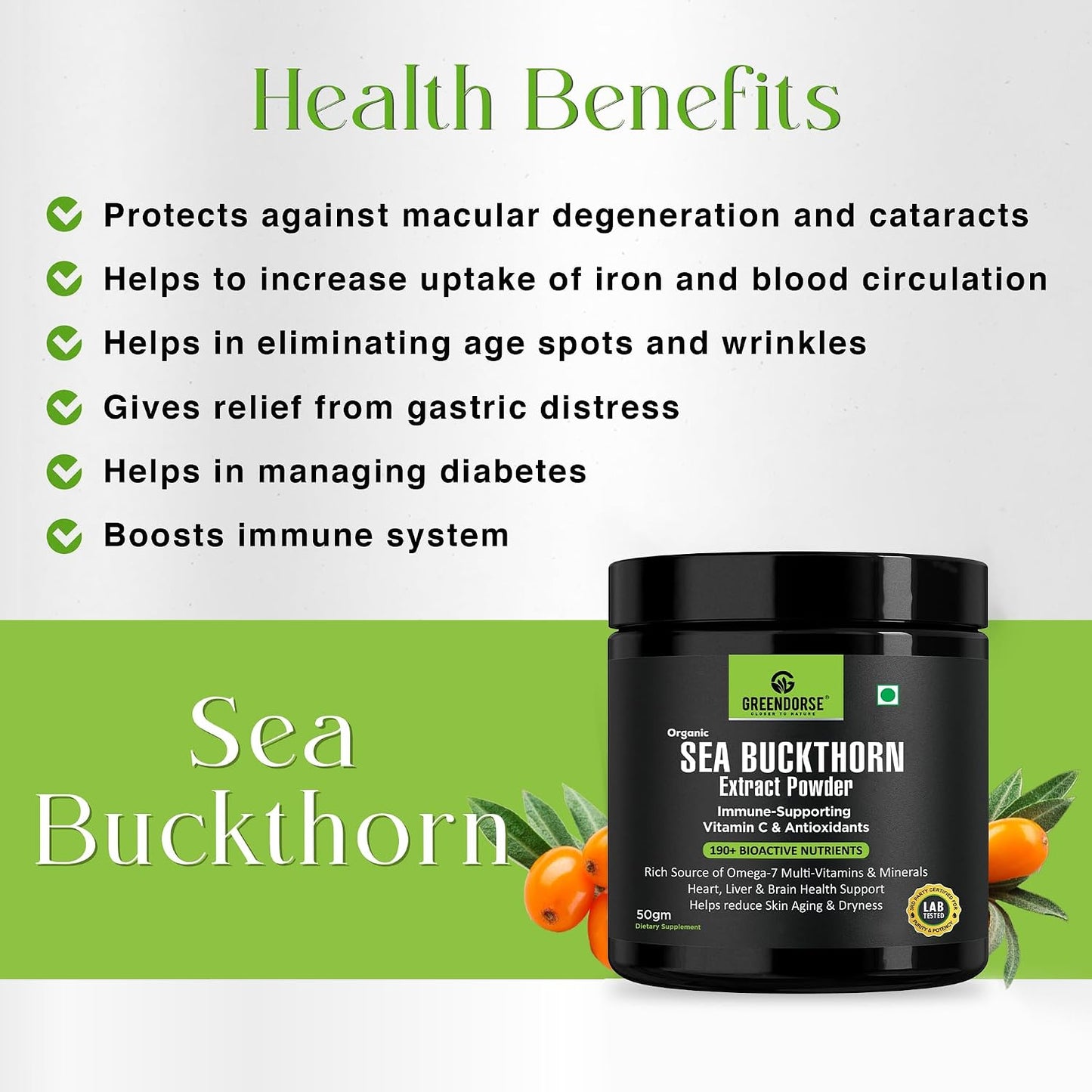 GREENDORSE Himalayan Sea Buckthorn (Omega-7) Extract Powder, SUPERFRUIT with 190+ Active Nutrients, Omega, Antioxidants Protection, Supports Brain, Liver & Heart Functioning- 50g