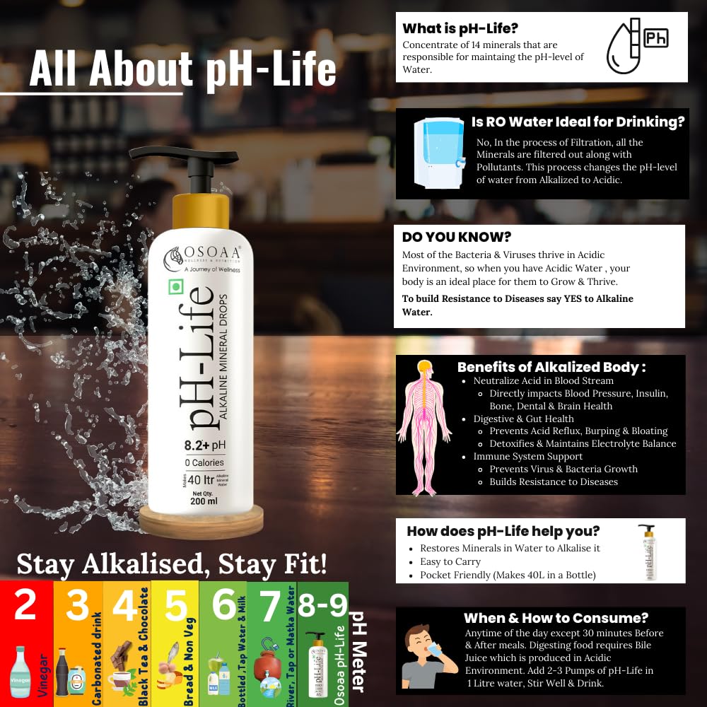 OSOA pH-Life water bottle with educational text about pH levels and benefits on a blurred background