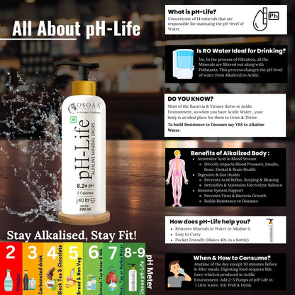 OSOA pH-Life water bottle with educational text about pH levels and benefits on a blurred background