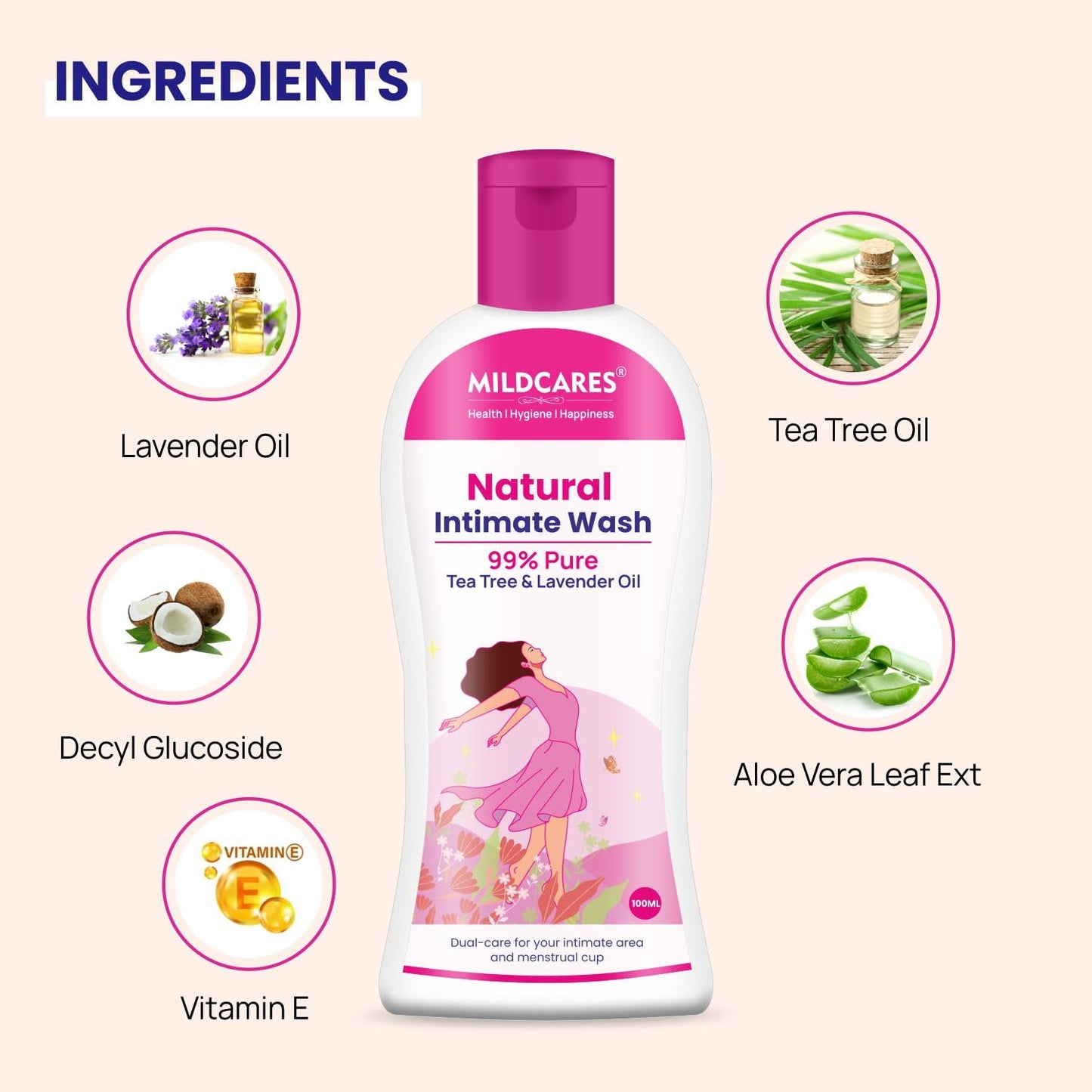 Mildcares Natural Intimate Wash bottle with ingredients listed on a beige background