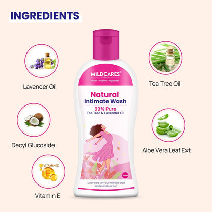 Mildcares Natural Intimate Wash bottle with ingredients listed on a beige background