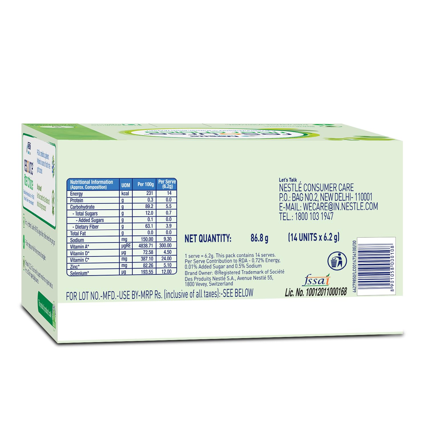 Box of Nestle product with nutritional information and branding details on a white background