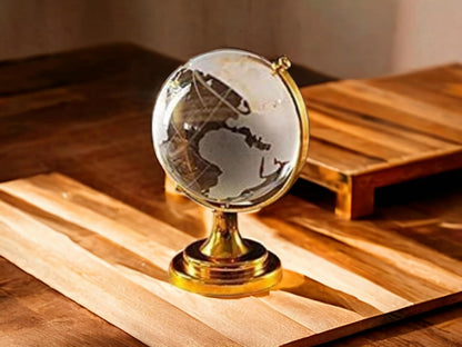 Feng Shui Crystal Globe Idol With Golden Stand | Vastu Glass Miniature Globe For Positive Energy, Success, Good Luck and Prosperity | Vastu Remedy for Home, Children Study Table & Office