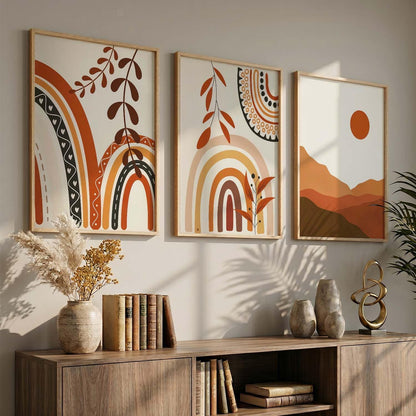 Home Decor Boho Painting Decorative Wall Art poster With Frame For Living Room Bed Room Hotel Wall Decor Digital Reprint Set of 3 (13X17 inch)