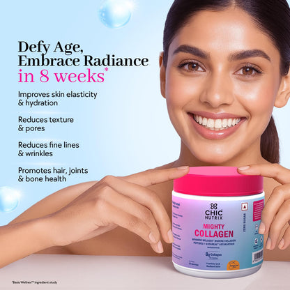 Chicnutrix Marine Collagen Supplements Powder for Women & Men | 8000mg Japanese Wellnex Marine Collagen Peptides, AstaReal Astaxanthin | Zero Sugar, Fast Absorption & No Fishy Aftertaste | Mango Flavour, 25 Servings