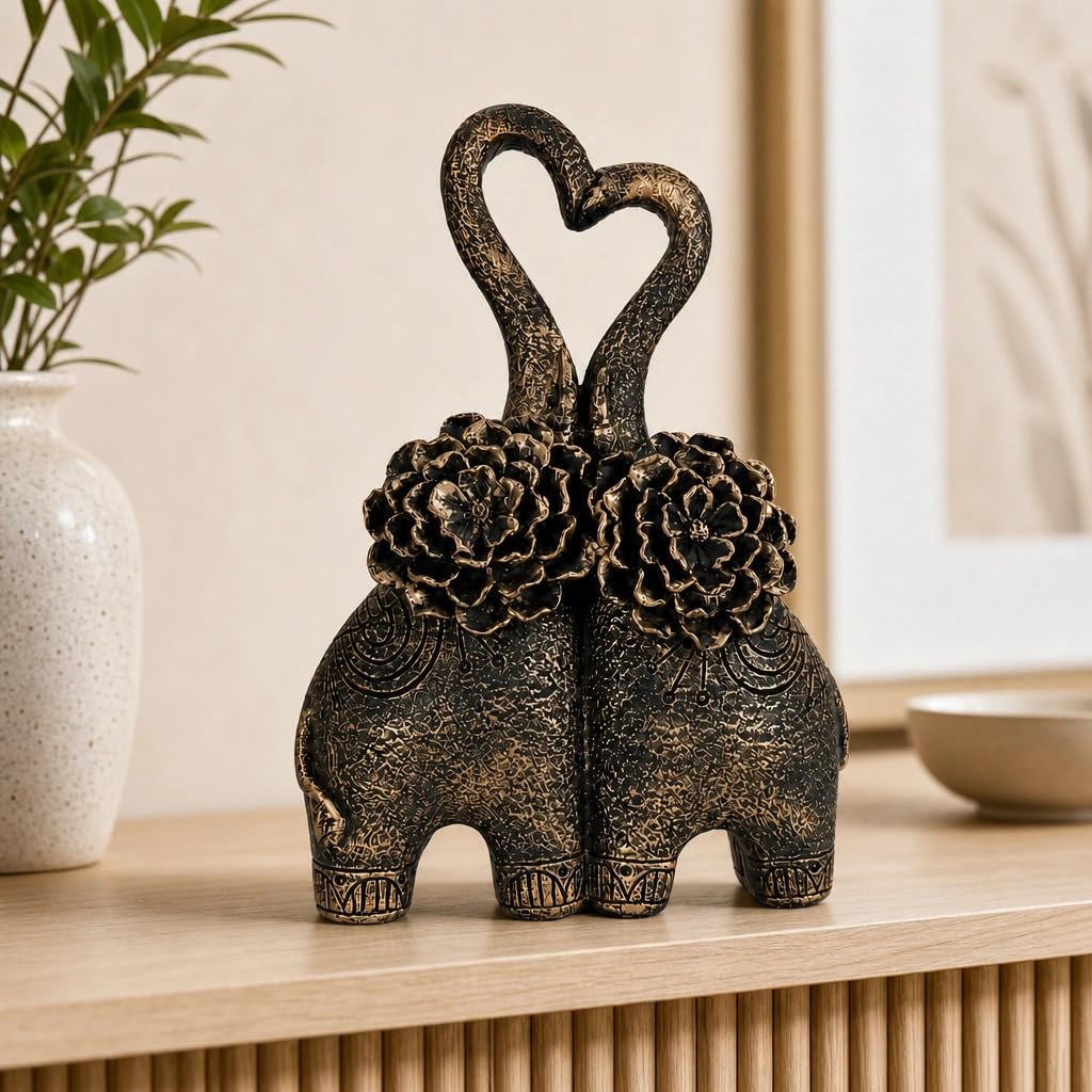Charming Elephant Pair Sculpture Showpiece for Home & Office Décor | Floral-Inspired Decorative Figurines for Living Room, Study, Shelf & Console Table Styling | Artistic Elephant Accent Set