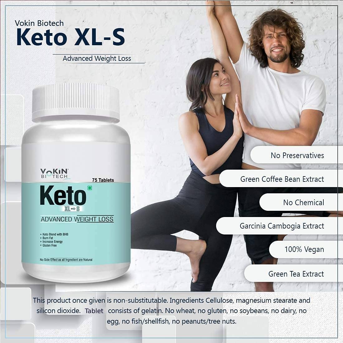 Vakin Biotech Keto XL-S supplement bottle with a man and woman exercising in the background