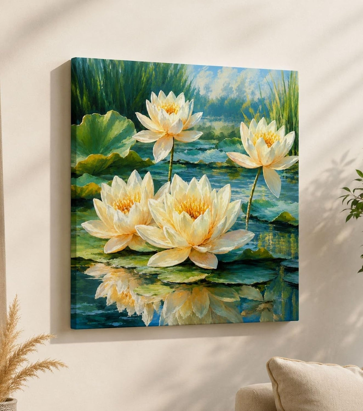 Lotus Flower Painting for Wall Vastu (15+ DESIGNS) Framed Lotus Canvas Painting for Living Room, Bedroom | Nature Floral Wall Art with Multiple Design Variations (Yellow White Lotus, 18x18 Inch, Framed)